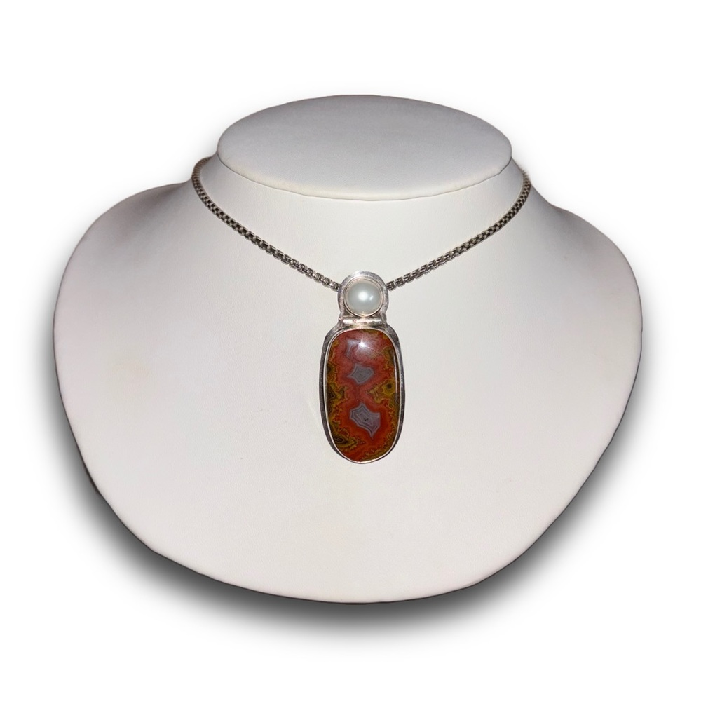 Sterling Silver Crazy Lace Agate & Pearl Pendant Necklace